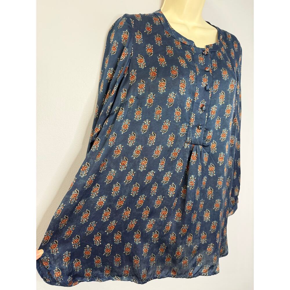 FOLKSONG Tunic Top Blue Floral Block Print Long Sleeve Boho Blouse Sz M - Picture 7 of 16